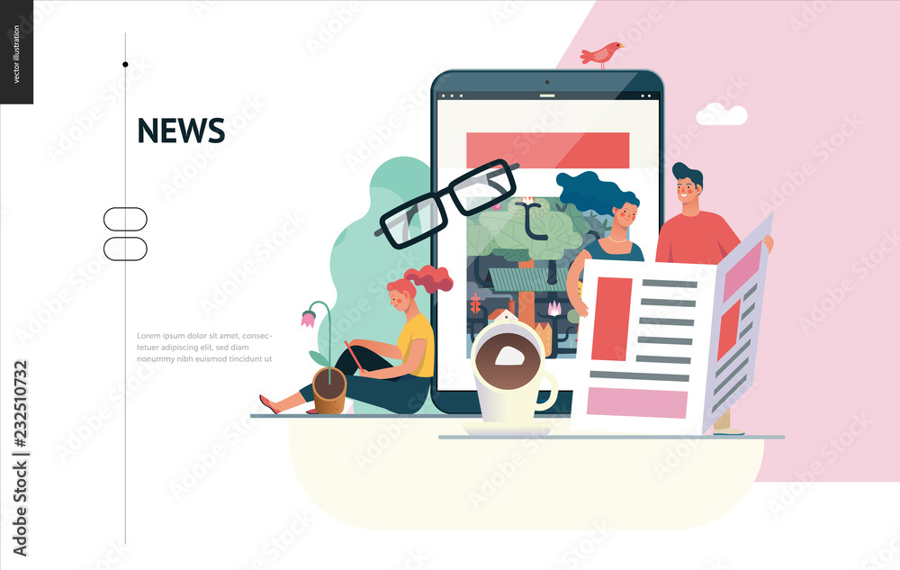 Business series, color 1 - news or articles- modern flat vector illustration concept of people reading news on various medium and tablet screen, glasses, coffee. Creative landing page design template
