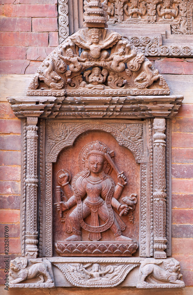 Nepalese wooden carving at the palace in Patan, Nepal