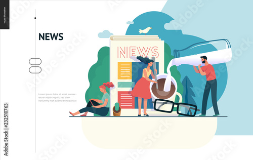 Business series, color 1 -news or articles -modern flat vector illustration concept of people preparing coffee with milk and woman reading news on phone, glasses. Creative landing page design template