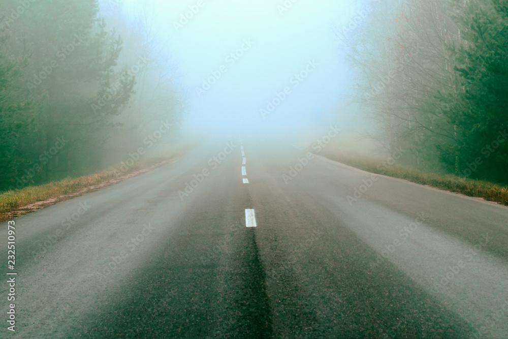 Fototapeta premium road markings and lines. Mist covers part of the road. traveling far for long distances. Highway in a natural landscape.