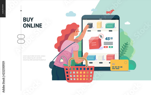 Business series, color 1 -buy online shop -modern flat vector illustration concept of woman shopping online holding basket. Website interaction -purchase process. Creative landing page design template