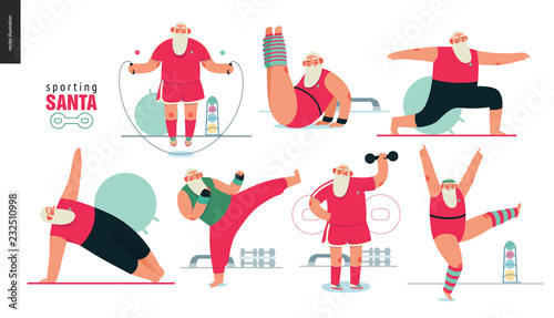 Sporting Santa - gym exercises - modern flat vector concept illustration set of cheerful Santa Claus doing aerobic and fitness exercises in the gym, wearing red sport uniform, xmas fitness activity