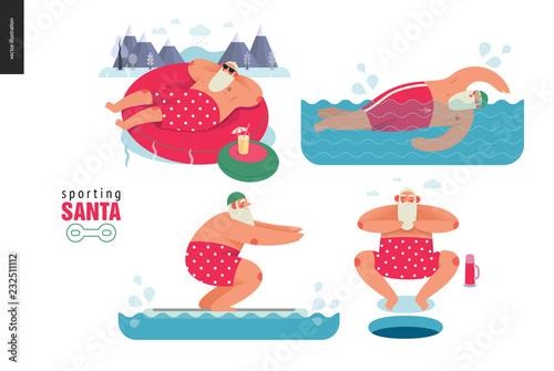 Sporting Santa - winter water activity set - modern flat vector concept illustration of cheerful Santa Claus relaxing in hot pool, swimming, floatfitting, wearing red polka dot boxer shorts