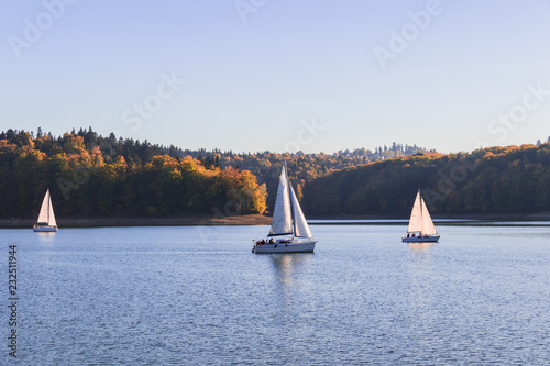 Three sailboats sailing on the alke surrounded by hills grown with forest trees