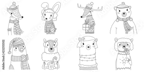 vector christmas animals silhouette collection illustration in line art with eight animals wearing winter clothes. cute xmas set with fox, bunny, reindeer, male bear, penguin, llama, female bear, dog.