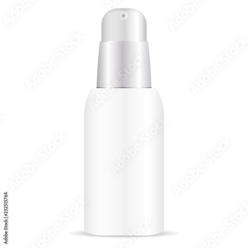 White pump bottle mockup illustration. Vector container with dispenser for cream, foam, gel and other products. High quality cosmetics packaging.