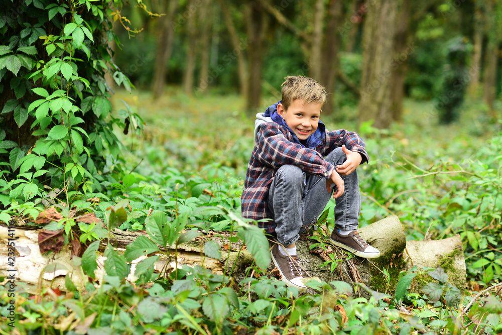 Go camping with me. Small kid enjoy camping trip. Small boy sit on tree. Adorable kid relax in woods. My hobbies are hiking and camping