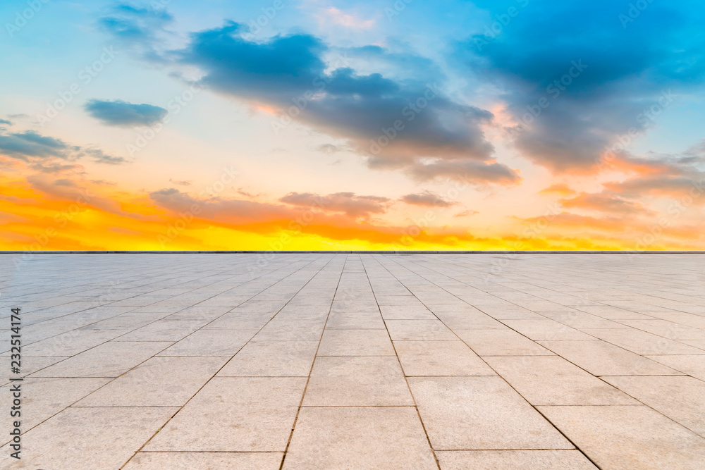 Empty square tiles and beautiful sky scenery Empty square tiles and beautiful sky scenery