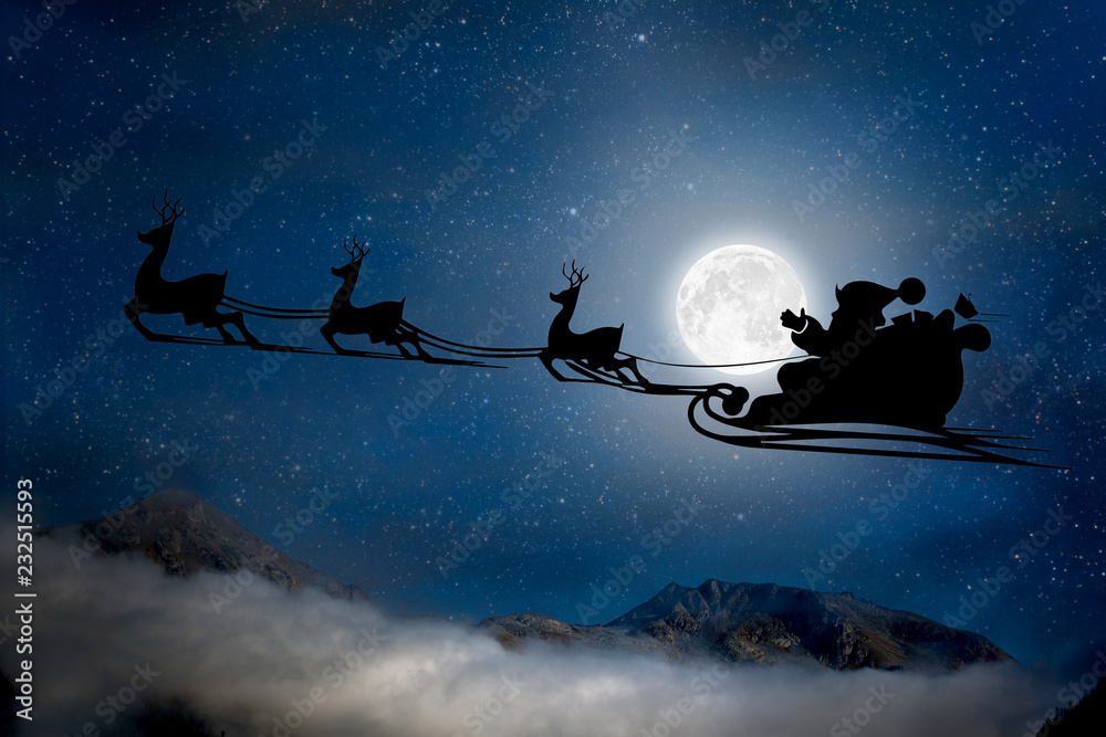 Naklejka premium silhouette of a flying goth santa claus against the background of the night sky.
