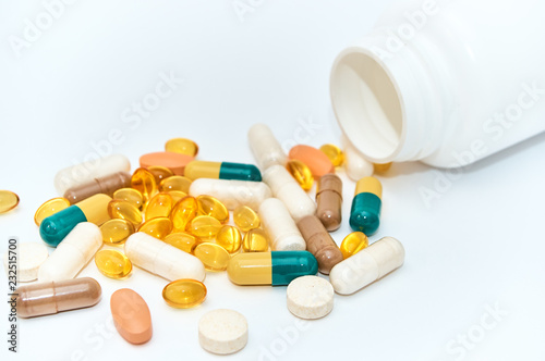 Piils background. Tablets. Medical background with pills and vitamins.