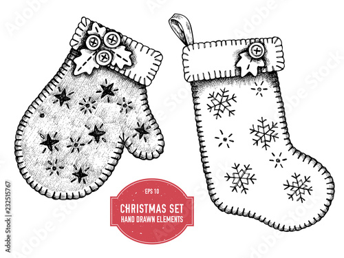 Vector collection of hand drawn mitten and stocking