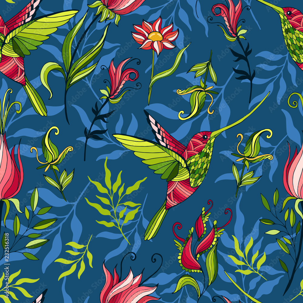 Hummingbirds and flowers blue pattern