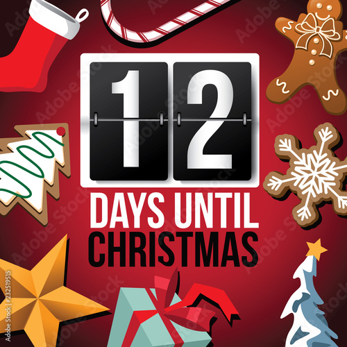 Countdown to Christmas flip number advent calendar with flat lay Christmas items. EPS 10 vector illustration. Day 12.