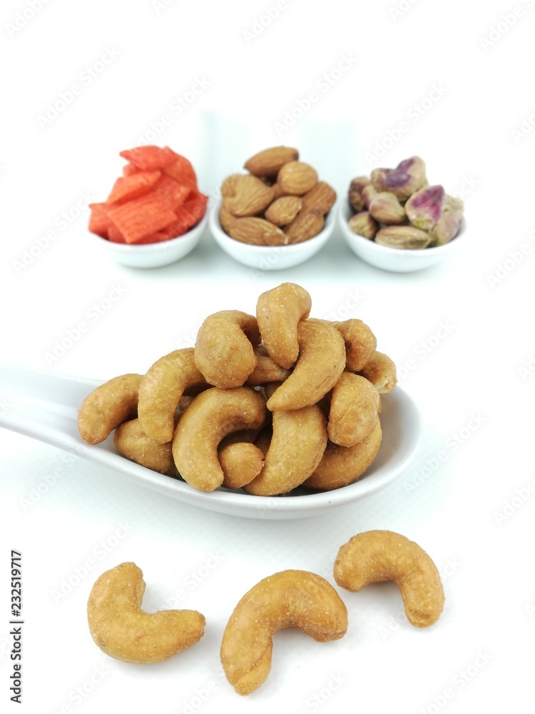 assorted, cashew nuts, pistachio, almond and fish cracker assorted, cashew nuts, pistachio, almond and fish cracker