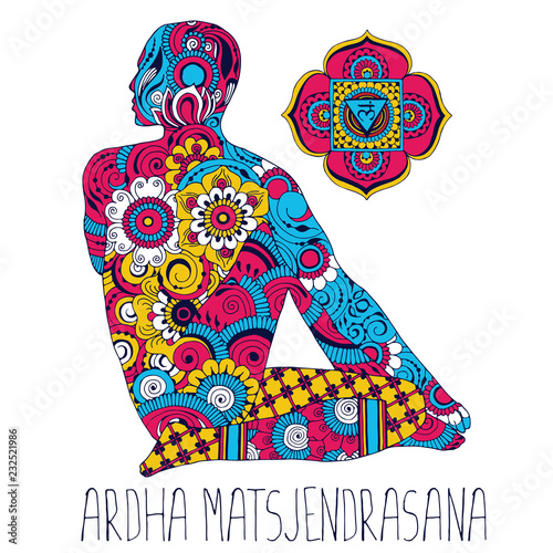 Ardha matsjendrasana. A pose in yoga that opens the Muladhara chakra. Silhouette in indian mehndi style.
