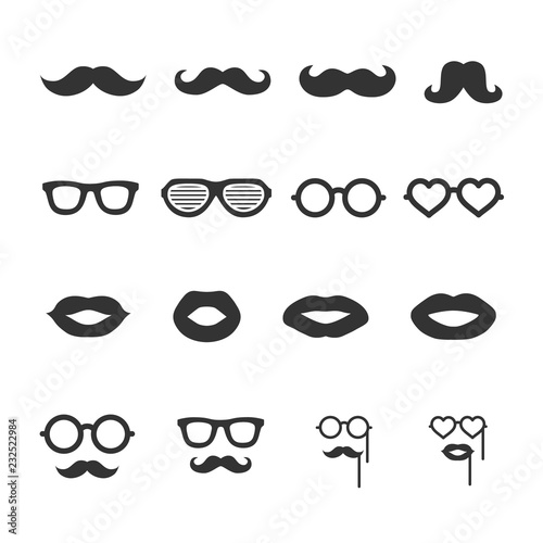 Vector image set of mustache, glasses, lips icons.