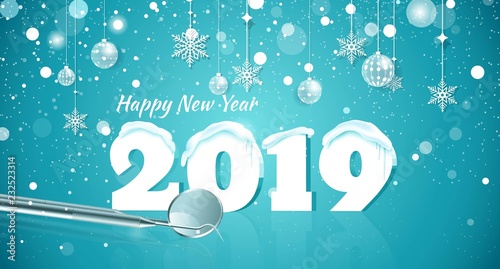 Happy new year 2019 snowy background. Happy holidays medical banner with snowflakes and dental instruments on blue sparkling background.  Vector illustration.