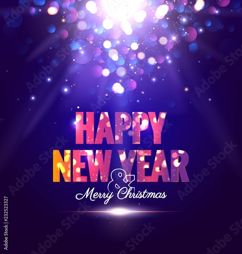 Happy new year sparkling poster with magic lights. Vector illustration
