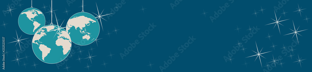 Naklejka premium Christmas tree, vector header in blue. Balls in the shape of planet earth, background