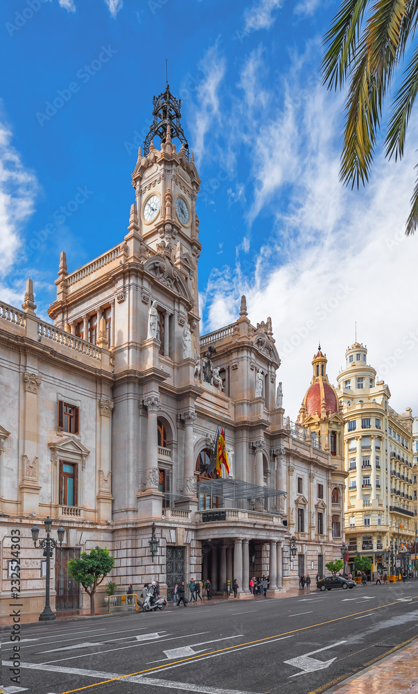 Naklejka premium Valencia, Spain. Circa April 2018.People around Plaza del Ayuntamiento (City Hall square) in Valencia, Spain.