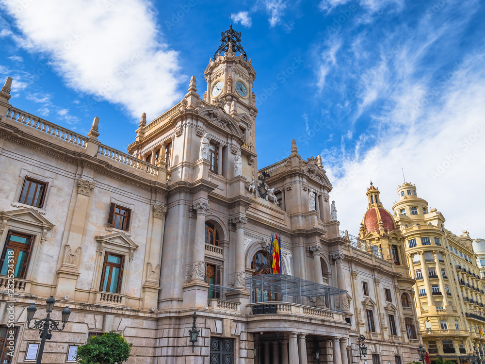 Facade of the Ayuntamiento building (City Hall building) in Valencia, Spain.