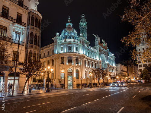 Ayuntamiento (City Hall) of Valencia , Spain at night
