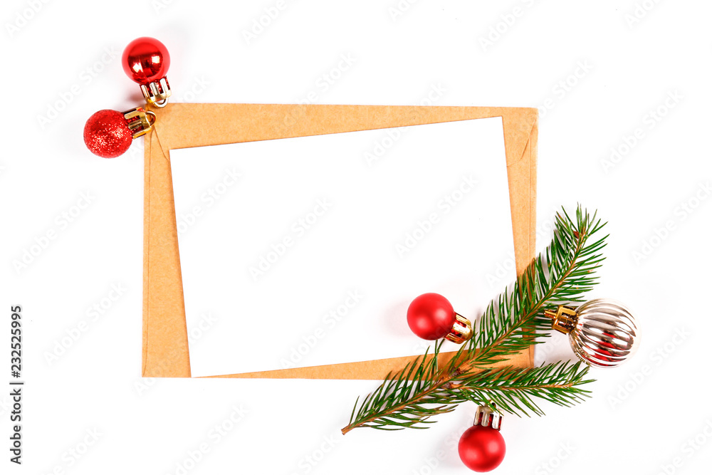 Festive flat lay composition with blank invitation for new year celebration  and craft paper envelope. Christmas greeting card template concept.  Background, copy space, top view. Stock Photo | Adobe Stock
