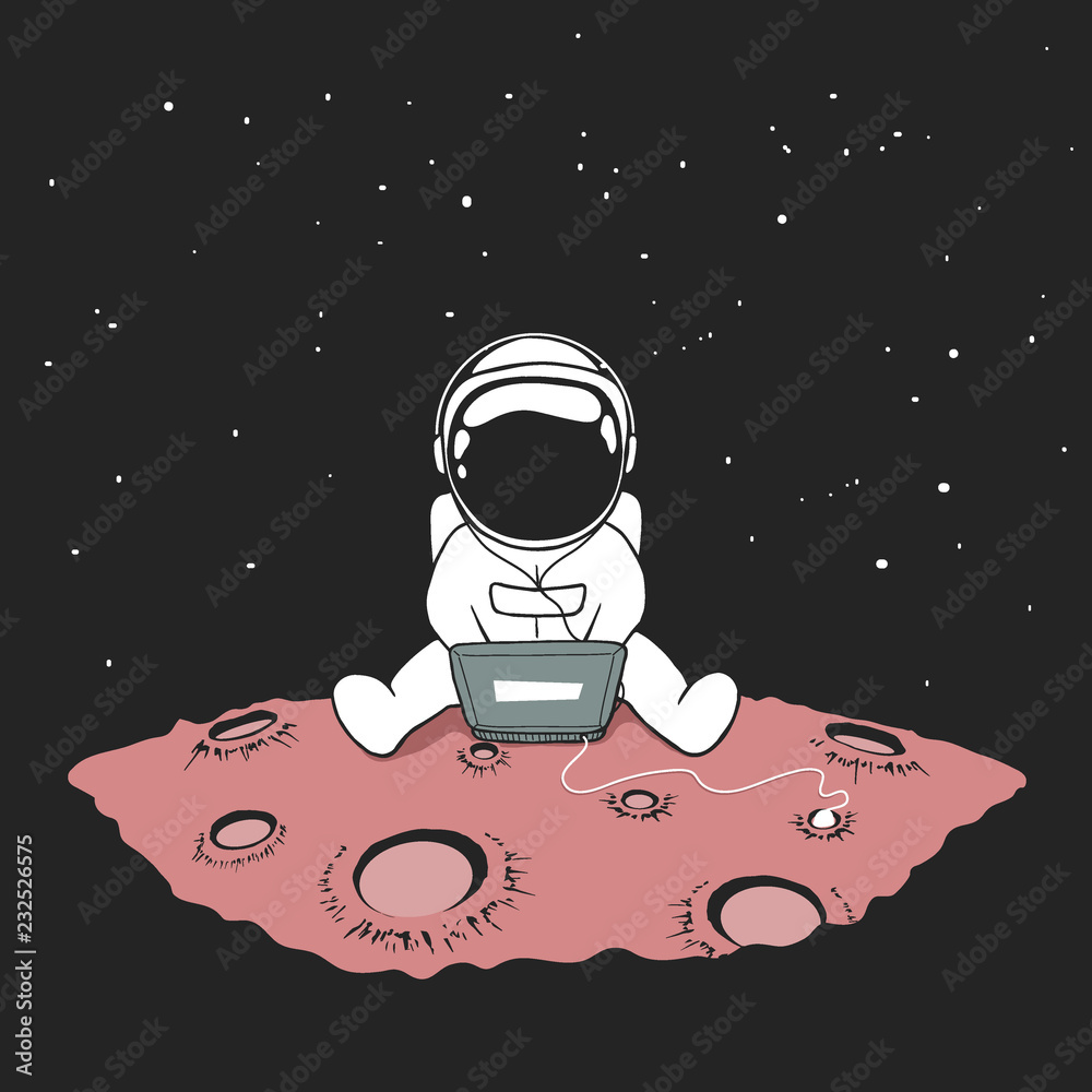 Fototapeta premium Cute an astronaut sits in internet and listens to music on a computer in outer space on planet.Space vector illustration