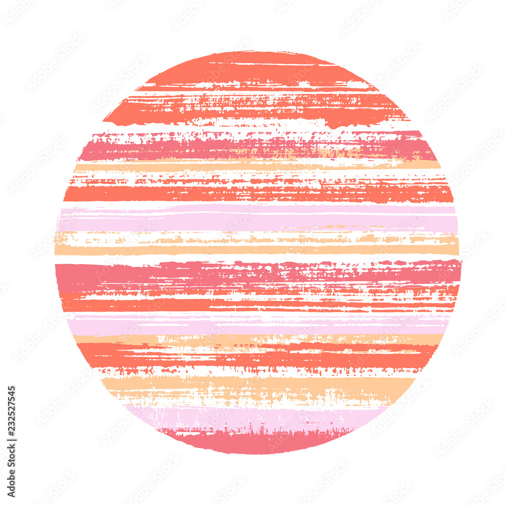 Abrupt circle vector geometric shape with striped texture of paint horizontal lines. Old paint texture disk. Badge round shape circle logo element with grunge background of stripes.