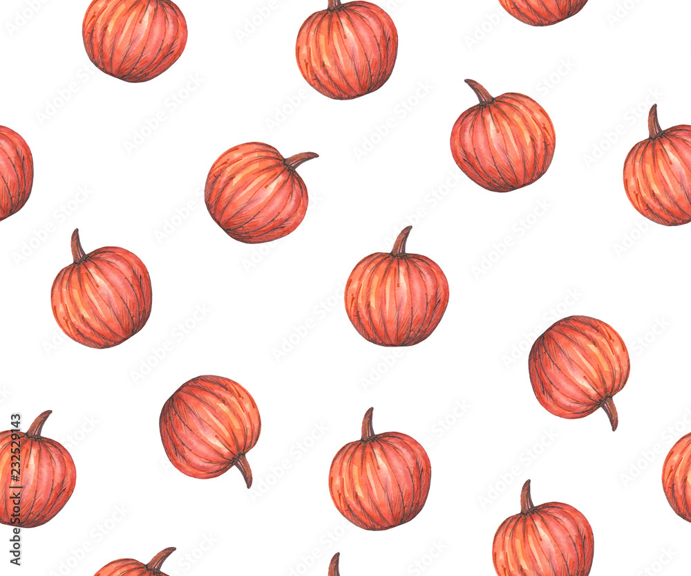 Seamless pattern with pumpkins on the white background, watercolor Seamless pattern with pumpkins on the white background, watercolor