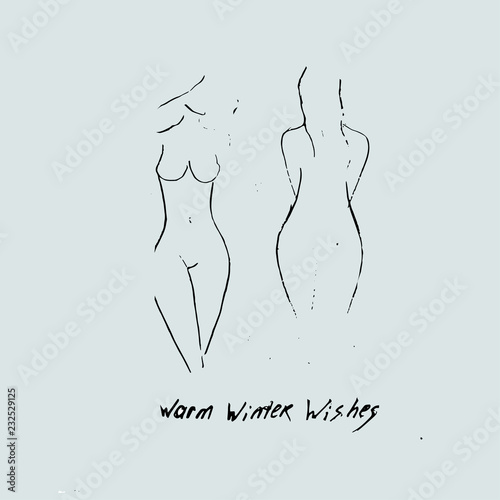 Warm winter wishes card. Female body shape. Sexy girls