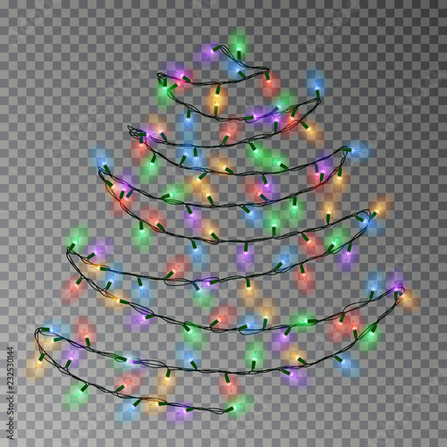 Christmas color tree of lights string hanging on wall. Transparent effect decoration isolated on dar