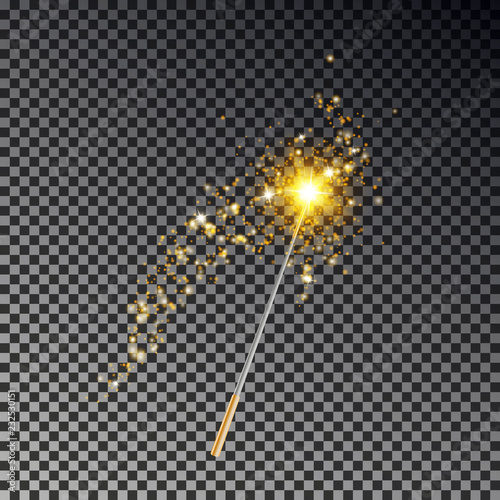 Magic wand vector. Transparent miracle stick with glow yellow light tail isolated on dark background