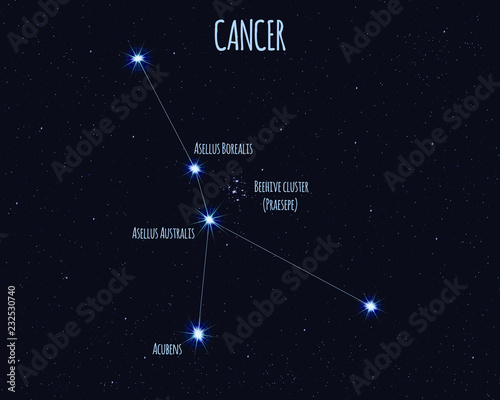 Cancer constellation, vector illustration with the names of basic stars against the starry sky