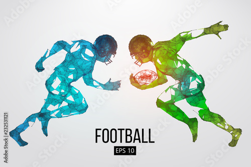 Silhouette of a american football player particles, lines and triangles on background. Rugby. Vector illustration