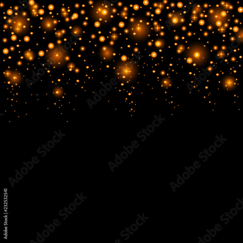 Abstract pattern of falling golden stars on black. Elegant pattern for banner, greeting card, Christmas and New Year card, invitation, postcard, paper packaging.Isolated on black background.