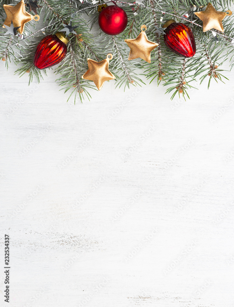 Christmas decoration on old wooden shabby background. Flat lay.