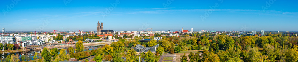 Panoramic bird view of river Elbe, old and new town, parks in Magdeburg, Germany, late Autumn
