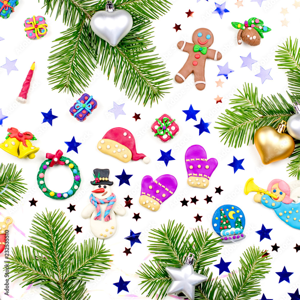 Merry Christmas greeting card with decorations. Santa, Christmas train with tree and sweets, snowman, reindeer and gifts Merry Christmas greeting card with decorations. Santa, Christmas train with tree and sweets, snowman, reindeer and gifts