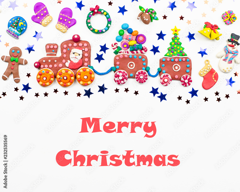 Merry Christmas greeting card with decorations. Santa, Christmas train with tree and sweets, snowman, reindeer and gifts