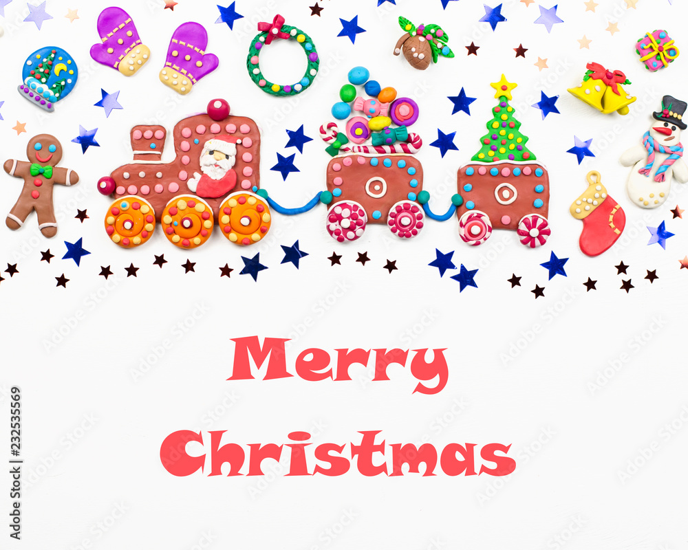 Merry Christmas greeting card with decorations. Santa, Christmas train with tree and sweets, snowman, reindeer and gifts Merry Christmas greeting card with decorations. Santa, Christmas train with tree and sweets, snowman, reindeer and gifts