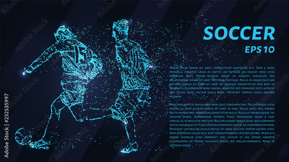 Obraz premium Soccer of the particles carries in the wind. Silhouette of a soccer player from circles. Football of blue glowing dots.