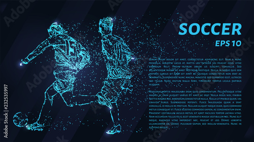 Soccer of the particles carries in the wind. Silhouette of a soccer player from circles. Football of blue glowing dots.