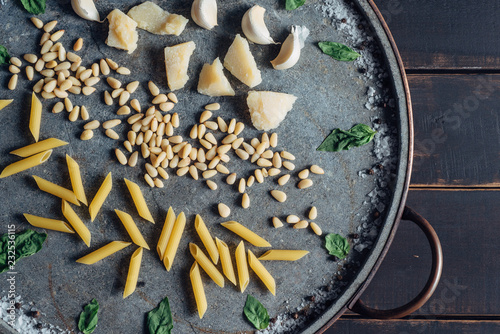 Pasta pesto components from overhead photo