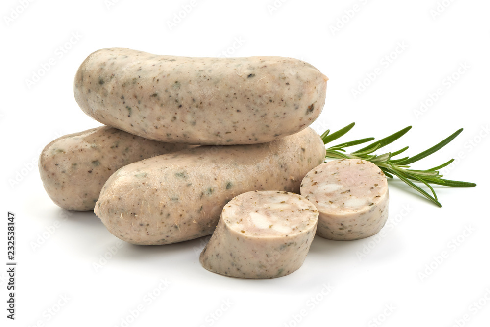 Sliced Original Munich White Sausage with herbs, isolated on a white background. Close-up. Sliced Original Munich White Sausage with herbs, isolated on a white background. Close-up.