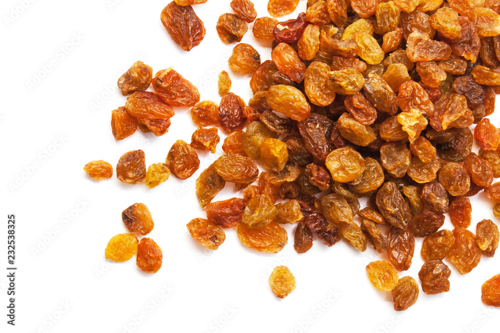 Fototapeta premium Pile of sultana raisins isolated on white background