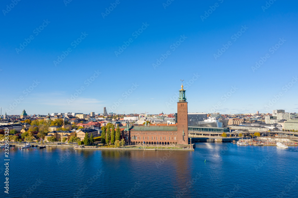 Drone photo over Stockholm City Hall