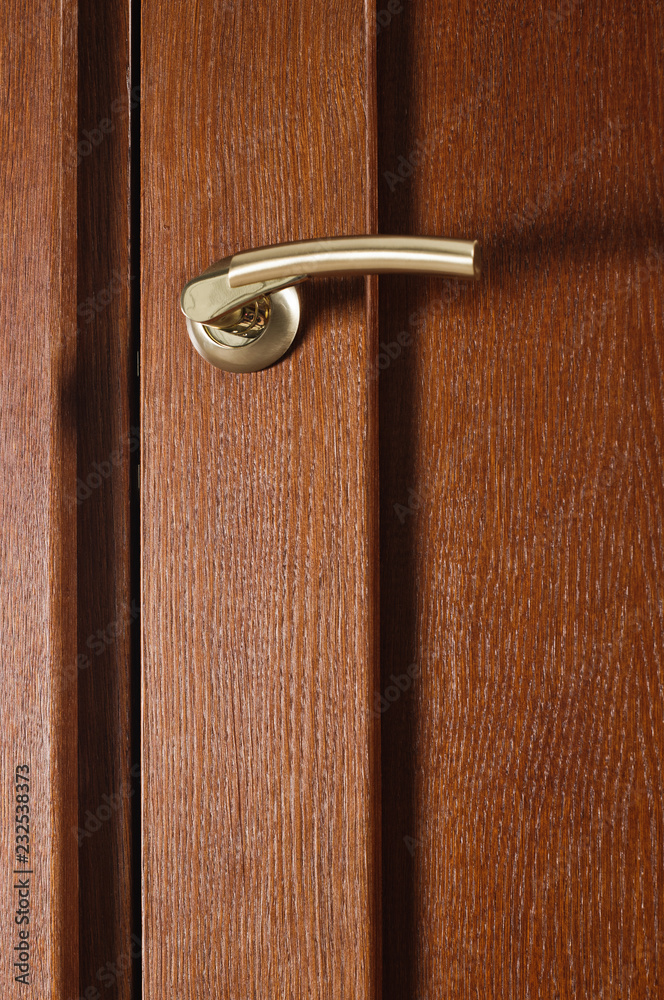 Obraz premium Closeup photo of brown wooden door with metal handle