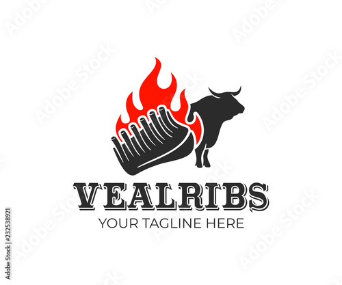 Barbecue, smoked veal ribs and bull with fire or bonfire, logo design. Grill, kitchen, food and cooking, vector design and illustration