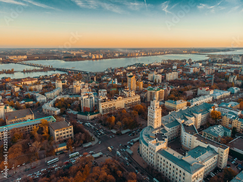 South-East Railway Administration Building in Voronezh and aerial panoramic view to city downtown at autumn sunset